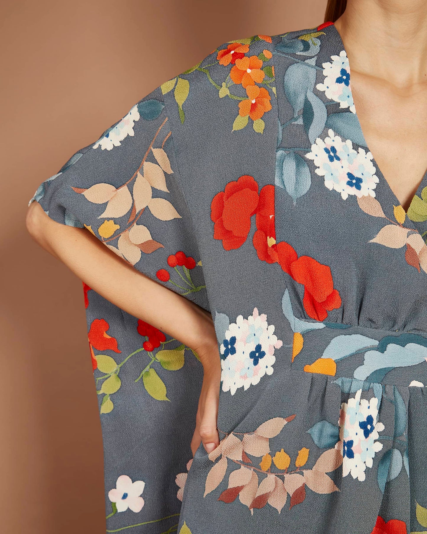 Empress Kaftan Maxi Dress - Hydrangeas and Camellias in Steel Grey