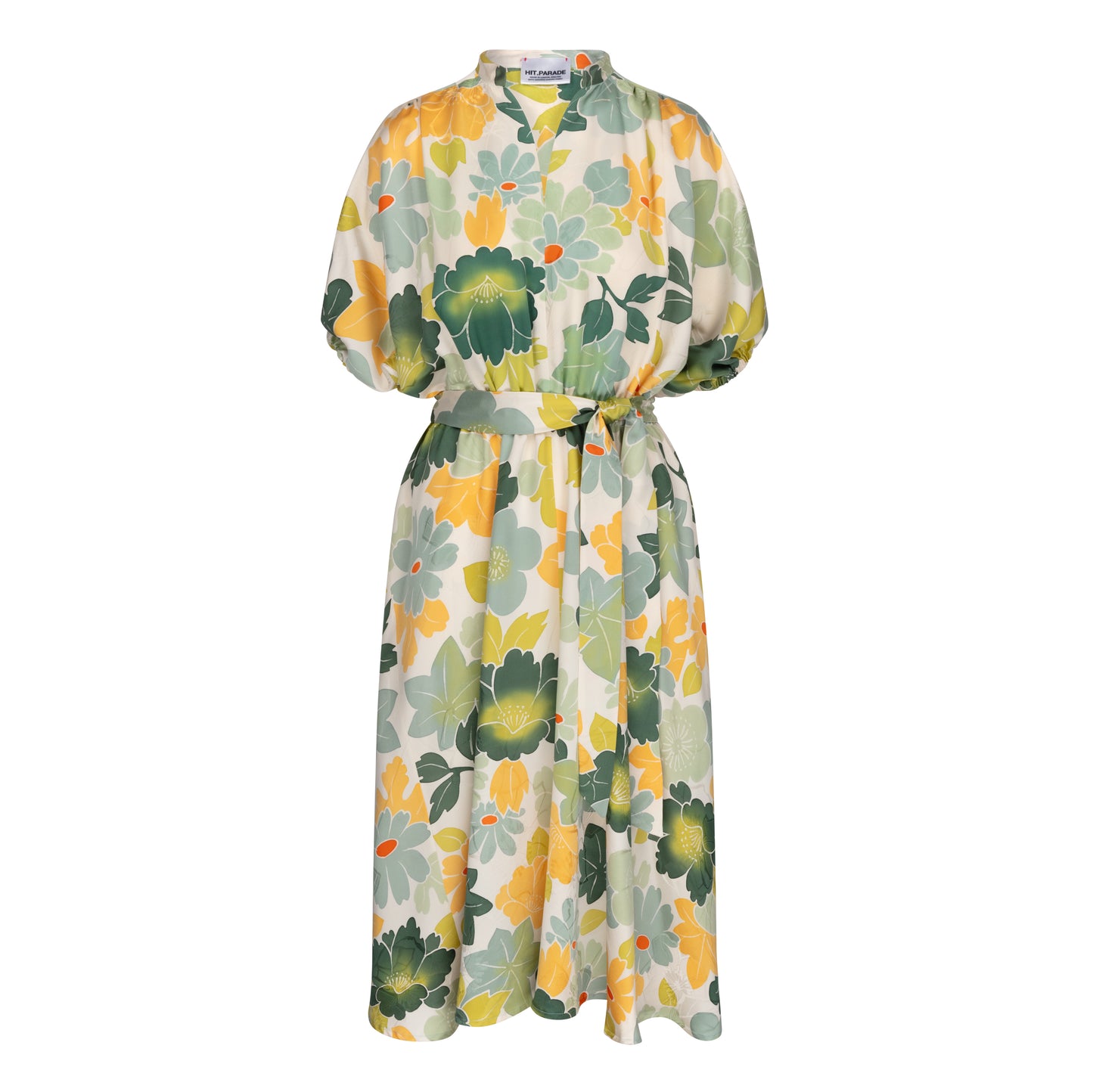 Gloria Batwing Midi Dress - Chrysanthemums and Camelias in Green and Yellow