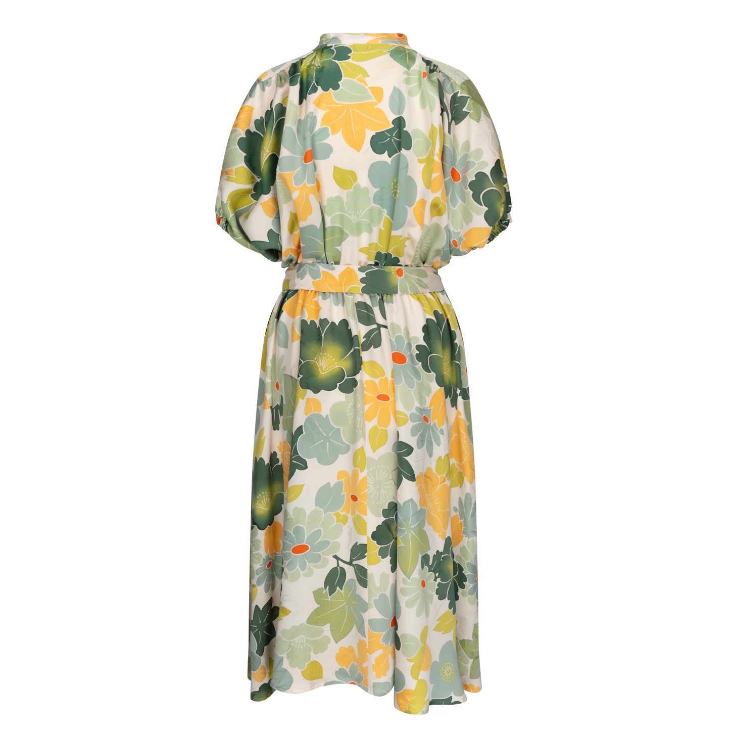 Gloria Batwing Midi Dress - Chrysanthemums and Camelias in Green and Yellow