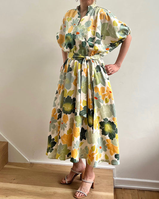 Gloria Batwing Midi Dress - Chrysanthemums and Camelias in Green and Yellow