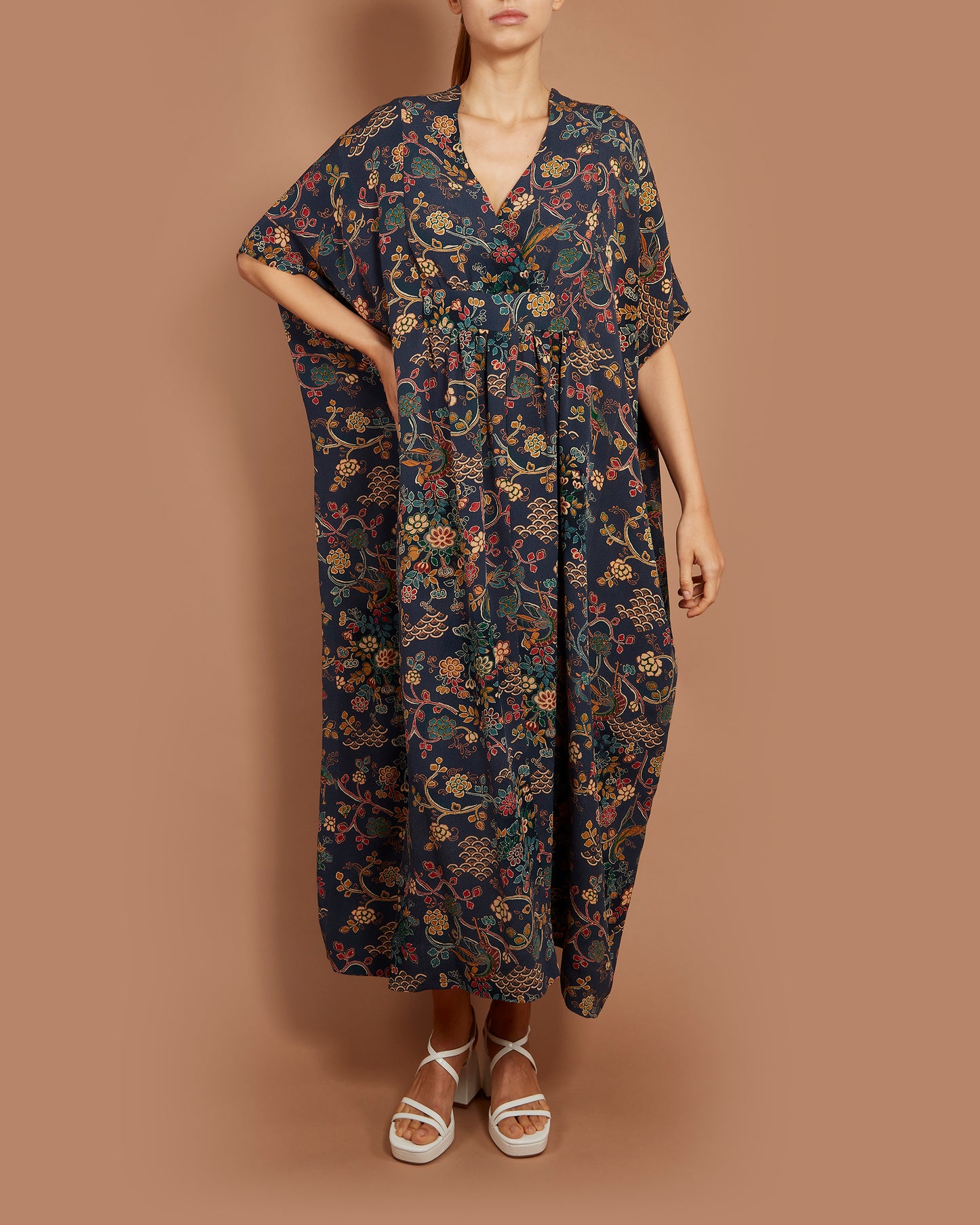 Empress Kaftan Maxi Dress - Waves and Roosters in Navy