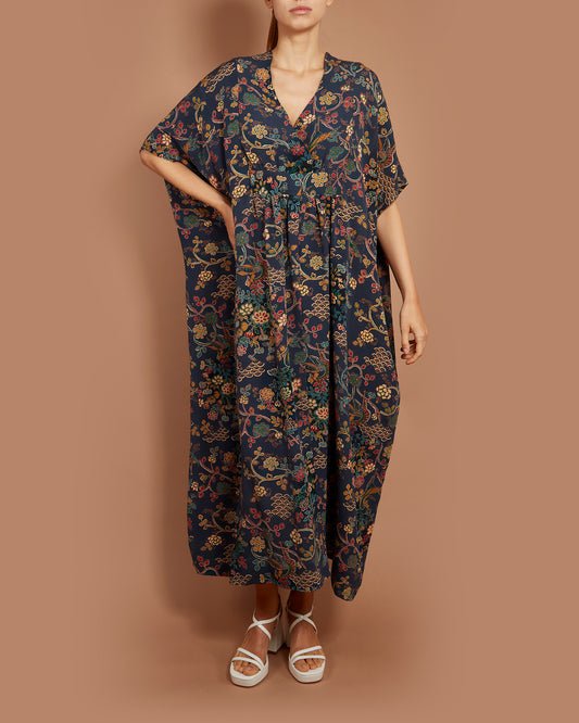 Empress Kaftan Maxi Dress - Waves and Roosters in Navy