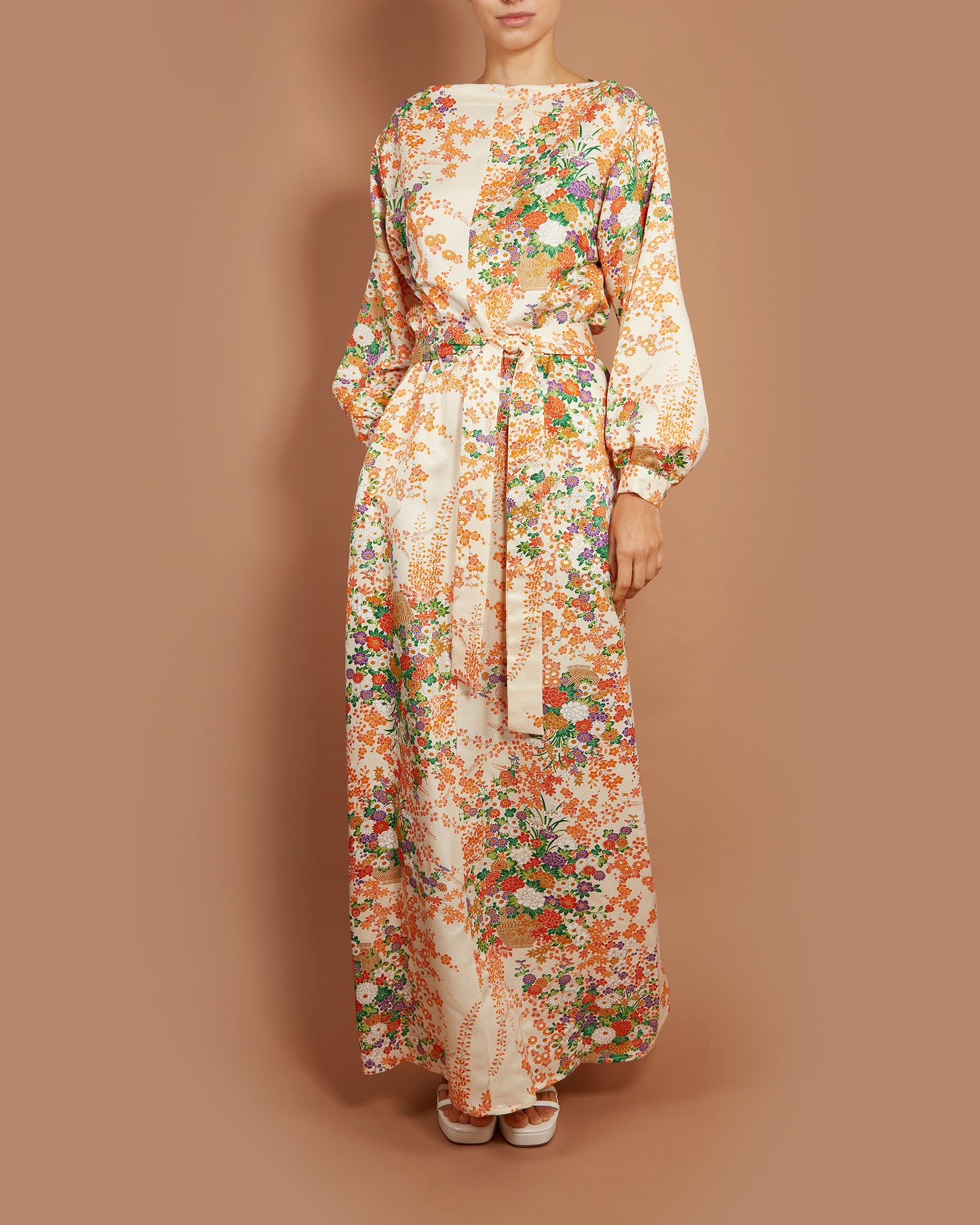 Diva Boat Neck Maxi Dress - Flower Baskets in Cream