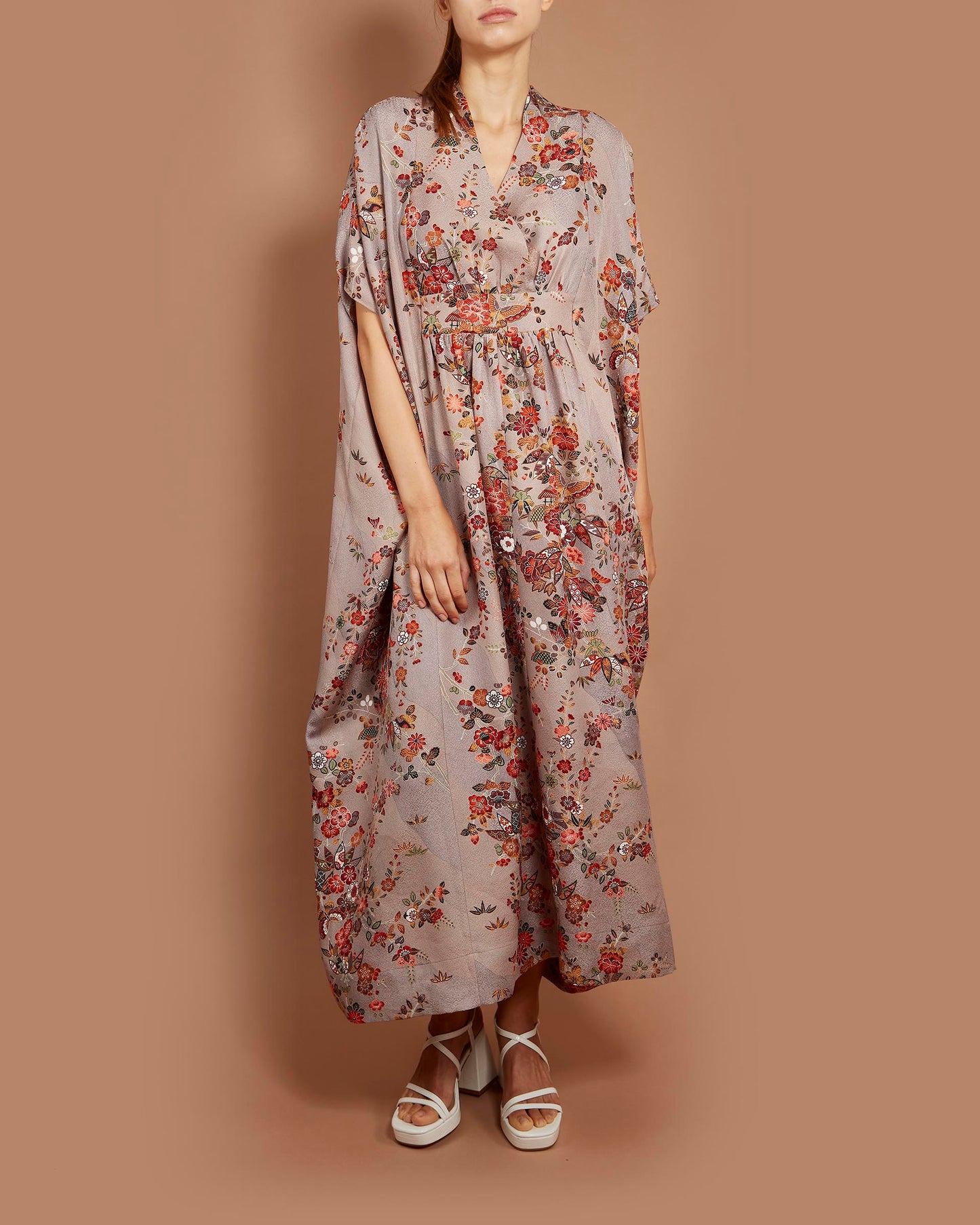 Empress Kaftan Maxi Dress - Camelias, Plum Flowers and Butterflies in Mauve