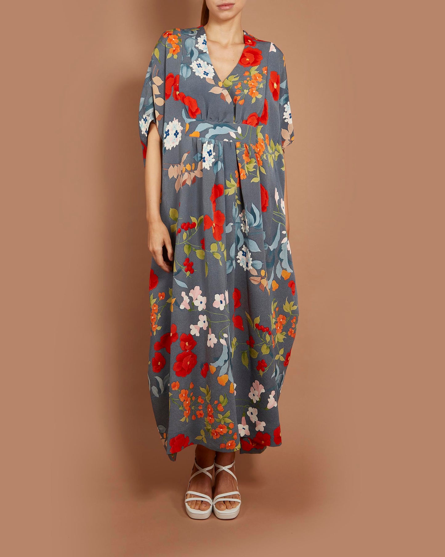 Empress Kaftan Maxi Dress - Hydrangeas and Camelias in Steel Grey