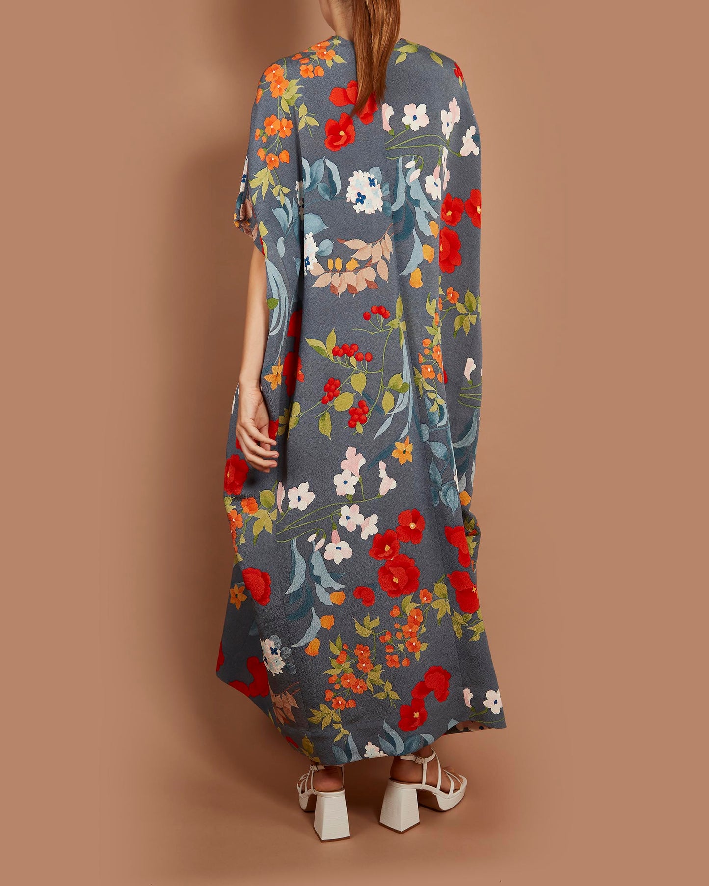 Empress Kaftan Maxi Dress - Hydrangeas and Camelias in Steel Grey