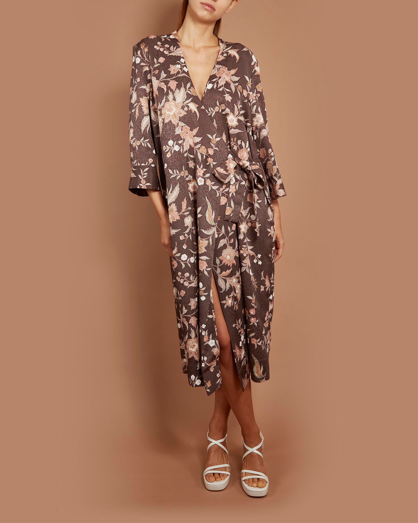 Star Wrap Dress - Exotic Flowers in Cedar Brown