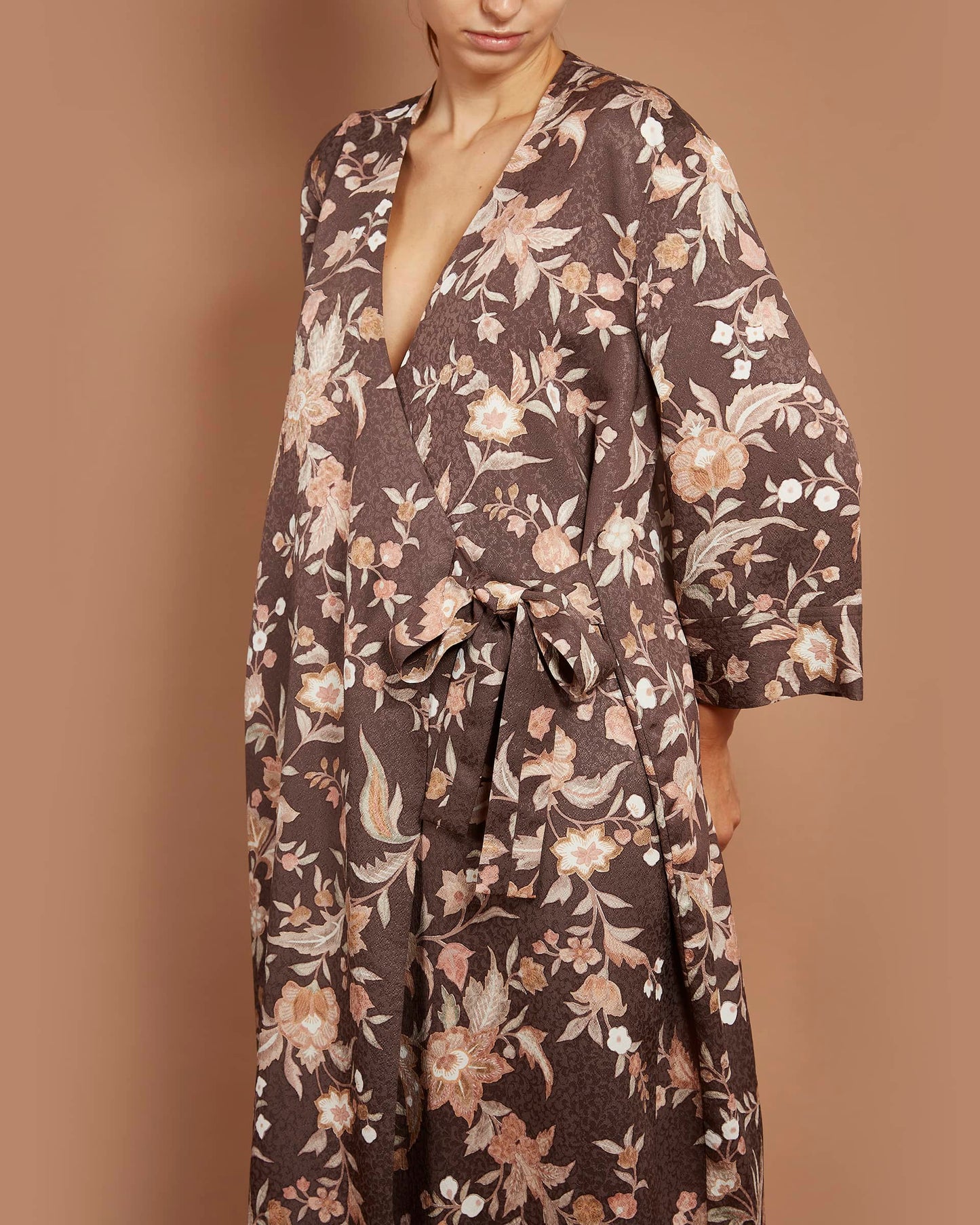 Star Wrap Dress - Exotic Flowers in Cedar Brown