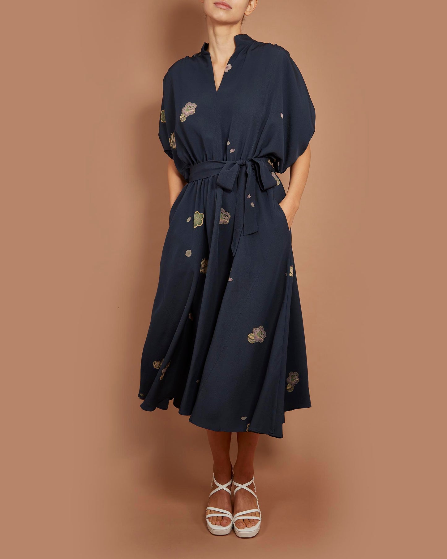 Gloria Batwing Midi Dress - Cherry Flowers in Dark Navy