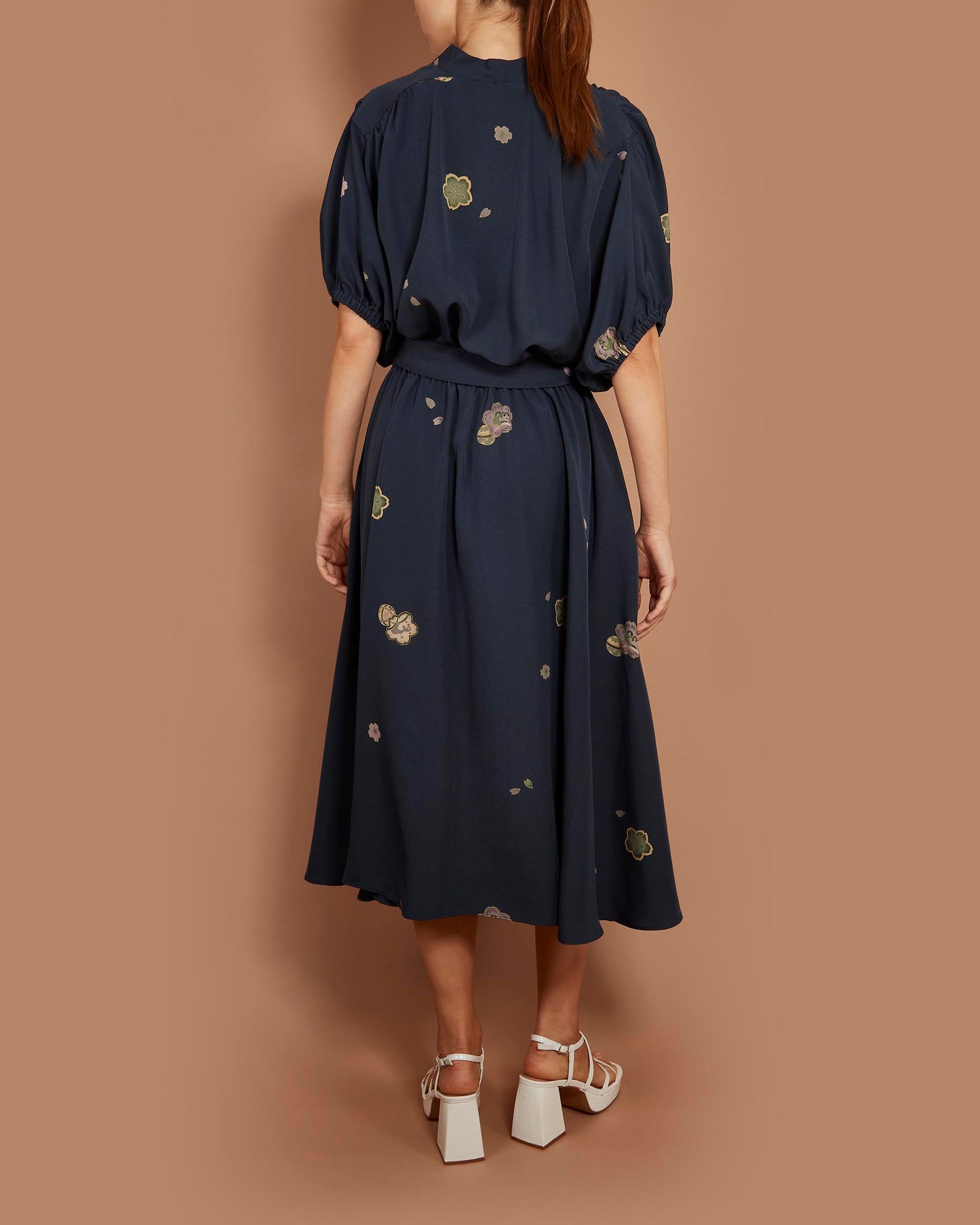 Gloria Batwing Midi Dress - Cherry Flowers in Dark Navy