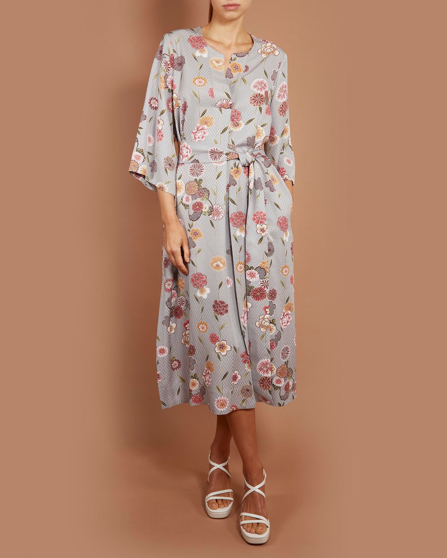 Grace Midi Dress - Peonies and Cherry Flowers in Pale Blue