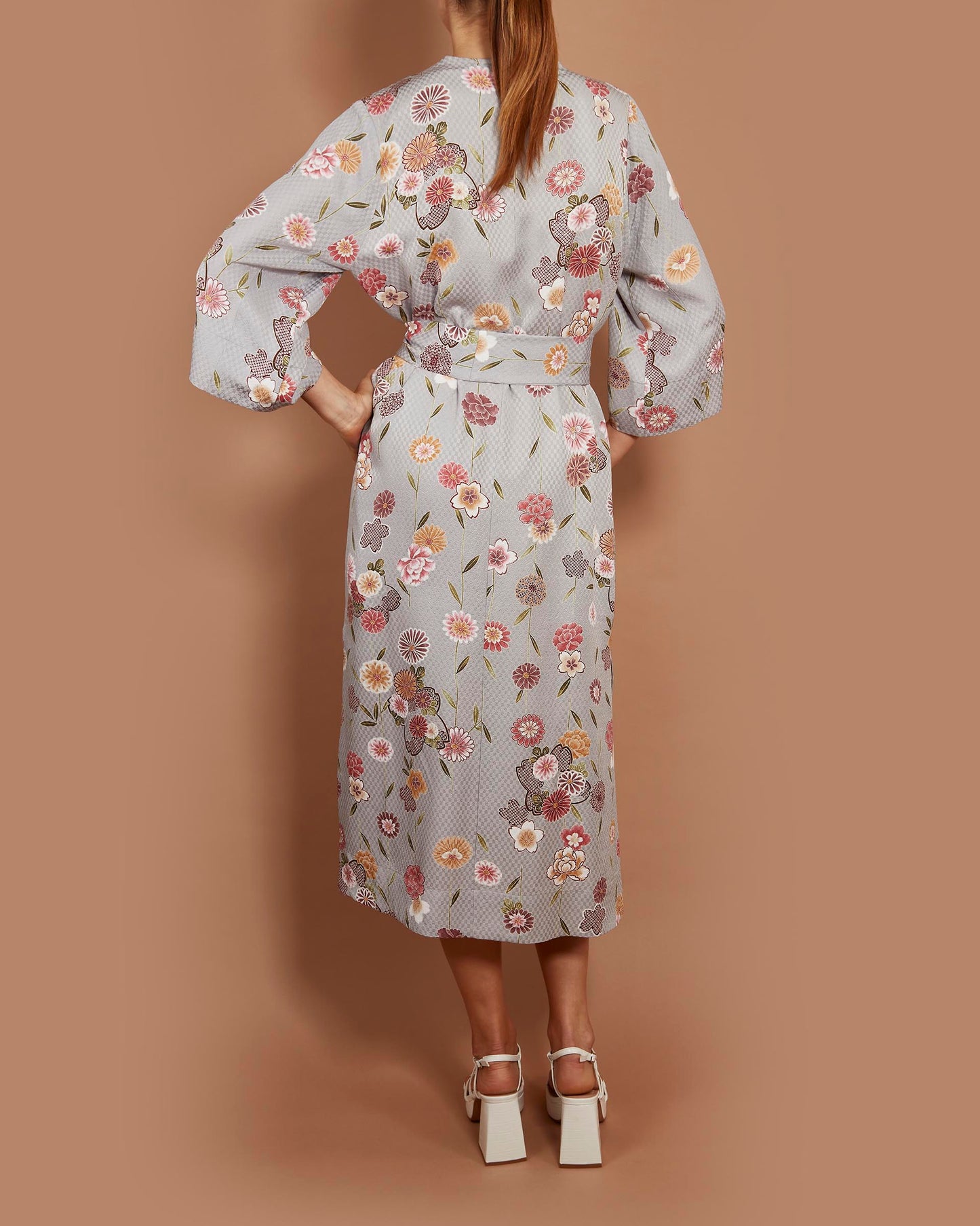 Grace Midi Dress - Peonies and Cherry Flowers in Pale Blue