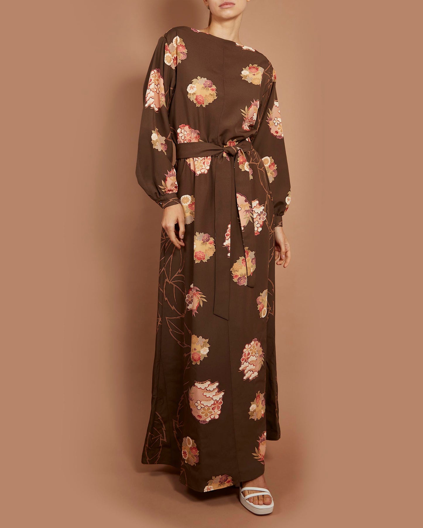 Diva Boat Neck Maxi Dress - Flower Circles in Khaki Brown