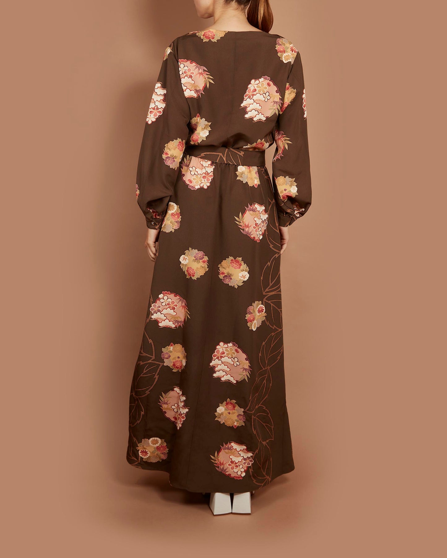 Diva Boat Neck Maxi Dress - Flower Circles in Khaki Brown